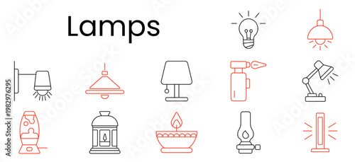 Lamps set icon. Bulb, pendant, wall lamp, table, torch, desk, lava, lantern, candle, kerosene lamp, floor light, lighting, interior, decor, illumination