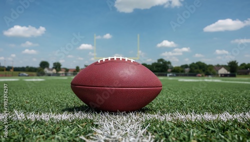 American football ball on green field at midfield line under blue sky with goalposts in background