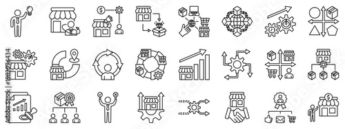 Business management icon set. Line icon including strategy, corporate, marketing, growth, operations, process, workflow, analytics, planning, leadership, innovation, startup, finance, efficiency