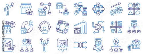Business management icon set. Line color icon including strategy, corporate, marketing, growth, operations, process, workflow, analytics, planning, leadership, innovation, startup, finance, efficiency