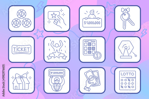 Prize winning set icon. Outline tiles, cheering figure confetti, bow car, scratch card, lucky clover hand, lottery drum, rating form tap, win badge, cup trophy, money bags, coin stack, gift box