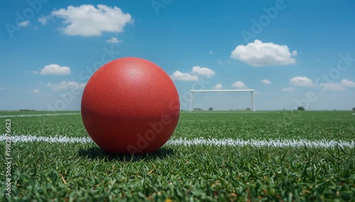 Red kickball on green turf field with white goal under blue sky and clouds on a sunny summer day