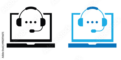 Automated customer service chatbot vector icon illustration featuring a minimalist black line robot head with a headset and speech bubble on a white background for AI support and technology. 