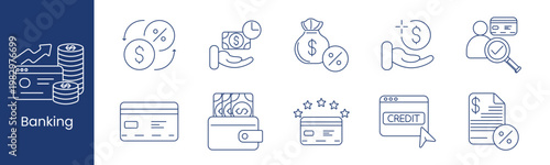 Banking credit payment set icon. Growth percent loan bag transfer user card wallet rating document credit depict financial service transaction.