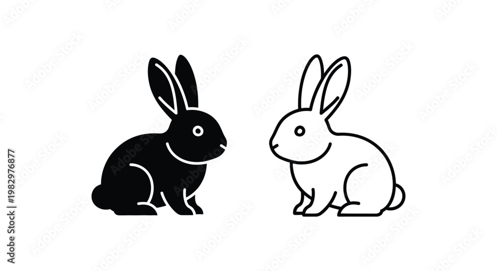 Fototapeta premium Minimalist rabbit icons in black and white, cute bunny vector silhouettes, simple line art animal symbols for logo design and Easter branding