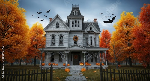 Haunted victorian house with autumn trees, pumpkins, and bats for halloween