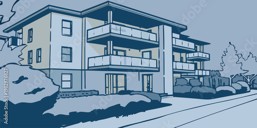 Modern residential apartment building graphic illustration with balconies and trees in a blue color scheme