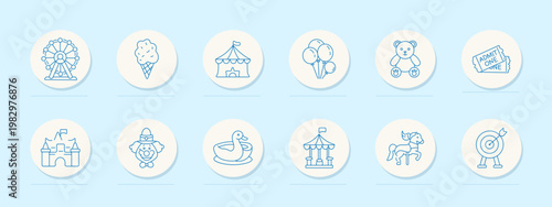 Amusement park set icon. Line series with ferris wheel, ice cream cone, circus tent, balloons, teddy bear, ticket admit one, castle, clown, duck float, carousel, target board