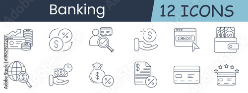 Banking icon. Collection with credit card growth chart, percent coins, client verification, hand with dollar, online credit page, wallet cash, globe search, timed payment, money bag, document percent