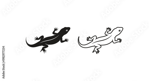 Minimalist lizard vector icons, black silhouette and line art lizard graphics, set of 2 reptile symbols for logo design and branding
