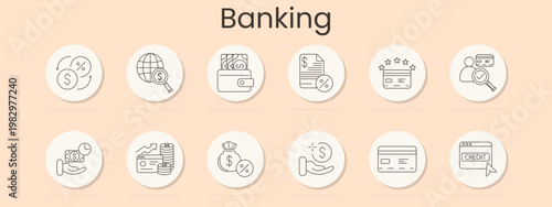 Banking icon. Currency exchange, global transfer, wallet cash, interest document, rating card, customer verification, loan hand, profit chart, savings bag, payment card, credit online, fintech service