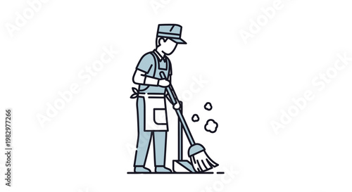 Man in uniform sweeping the floor with a broom.
