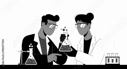 Two scientists in lab coats examine bubbling liquid in flasks during experiment.