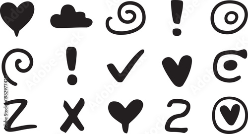 Collection of black heart symbols, speech bubbles, and exclamation marks on white background, black hearts