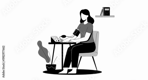 Woman checking blood pressure at home with medical device.