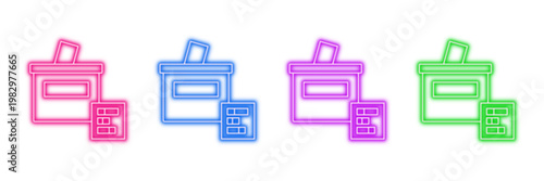 Neon glowing ballot box vector icons set, voting, election, democracy, polling, political, civic duty, vibrant colorful digital design illustration on transparent background.