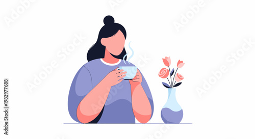 Woman enjoying a cup of coffee next to a vase of flowers.
