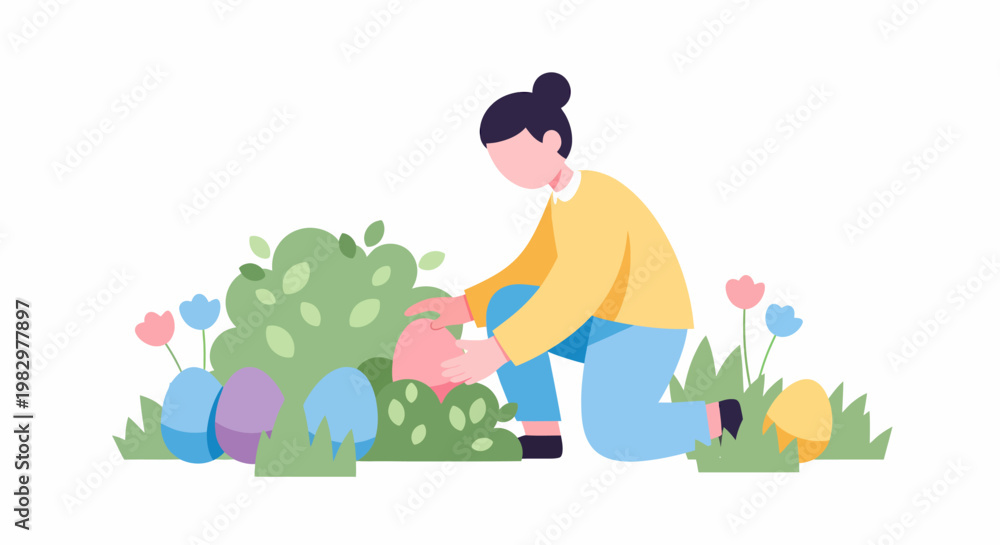 Fototapeta premium Woman watering plants and finding easter eggs in garden.