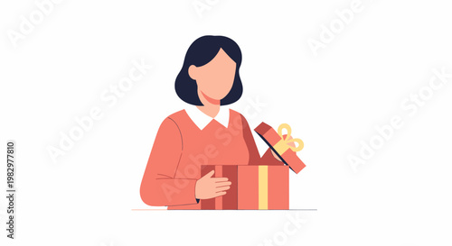 Woman Opening a Surprise Gift Box with Ribbon.