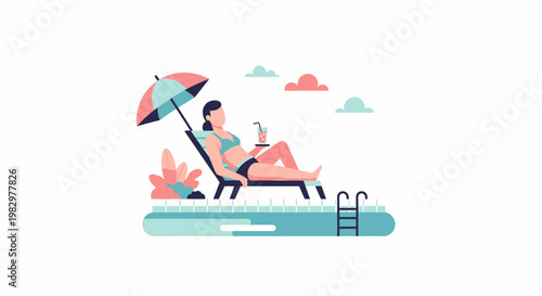 Woman relaxing on a lounge chair by the pool with an umbrella and drink.