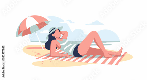 Woman relaxing on beach under umbrella enjoying summer vacation.