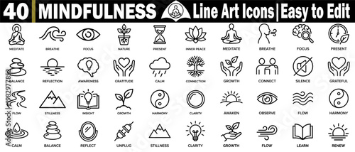 Mindfulness line art icons. Easy to edit yoga meditation spiritual balance awareness gratitude calm growth connection icons, vector illustration.