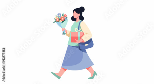 Woman Walking Holding Flowers and Gift Box.