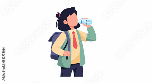 Young student with backpack drinking water from bottle.