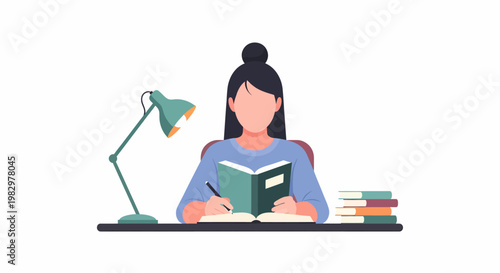 Young woman studying at a desk with books and a lamp.