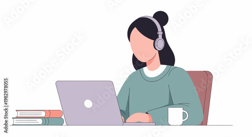 Young Woman Wearing Headphones Working on Laptop Computer.