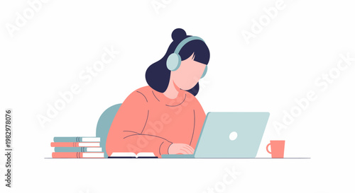 Young Woman Wearing Headphones Studying Online With Laptop.