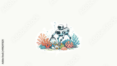 Cartoon Illustration of an Underwater Cleanup Remotely Operated Robot Collecting Plastic Waste and Litter from a Seabed Surrounded by Colorful Tropical Corals