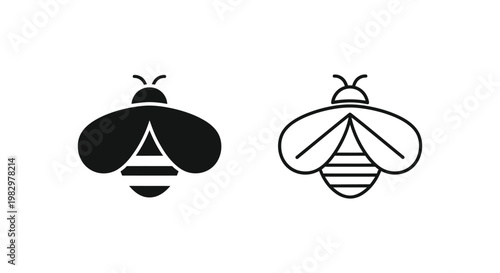 Minimalist bee icons in solid and outline styles, honey bee vector symbols for organic branding, black and white bumblebee graphics for logo design
