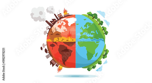 Climate change global warming vector illustration, earth globe showing environmental destruction versus green nature, ecological crisis and planet protection