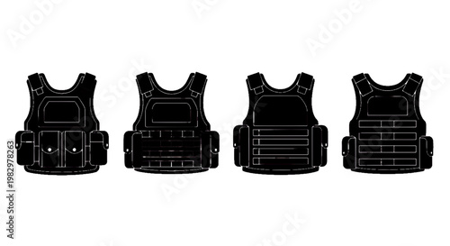 Vector illustration of set of tactical bulletproof vests on a transparent background