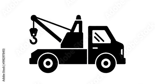 Vector illustration of black silhouette icon of a tow truck with a crane and hook for vehicle recovery services on a transparent background