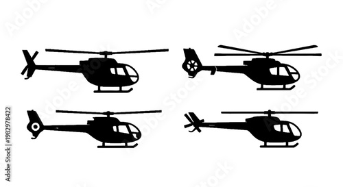 Vector illustration of set of helicopter silhouettes on a transparent background