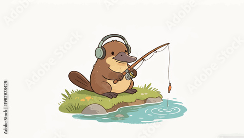 Cozy Illustration of a Relaxed Platypus Wearing Over-Ear Headphones Fishing on a Grassy Riverbank, Tranquil Leisure Nature Scene with Soft Warm Tones