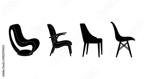 Vector illustration of set of silhouettes of modern designer chairs on a transparent background