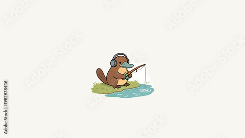 Cute Minimalist Illustration of a Relaxed Platypus Wearing Headphones Fishing at the Edge of a Small Pond on a Grass Patch Against a Plain Off-White Background