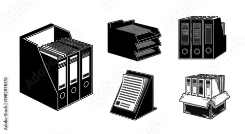 Vector illustration of set of office document organizers, file folders, and binders for paper storage on a transparent background