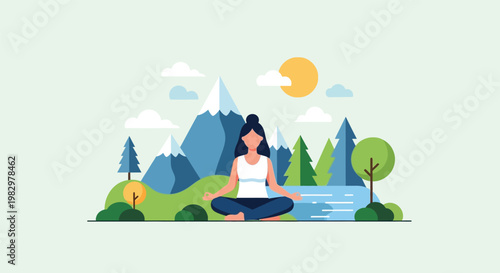 Flat vector illustration of a woman meditating in nature, peaceful yoga practice in mountain landscape, mental health and wellness concept