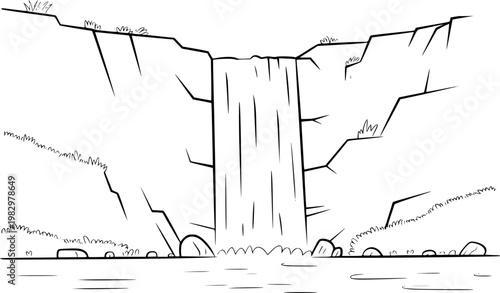 Simple black and white line of a waterfall cascading down a rocky cliff face into a calm body of water with