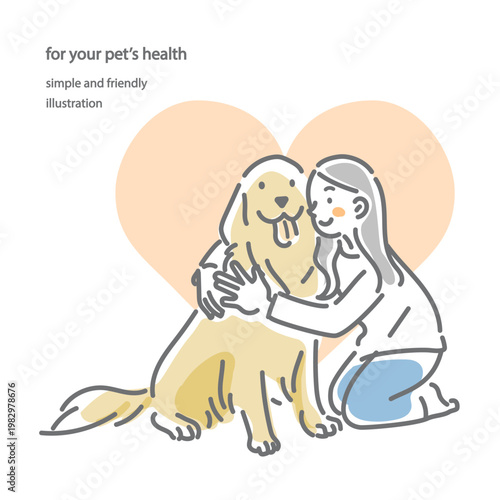 犬と飼い主の女性　シンプルでお洒落な線画イラスト