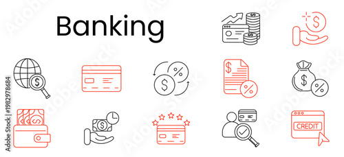Banking set icon. Outline pictograms, globe search dollar, credit card, currency exchange, loan document percent, money bag percent, wallet cash, hand money clock, premium card stars