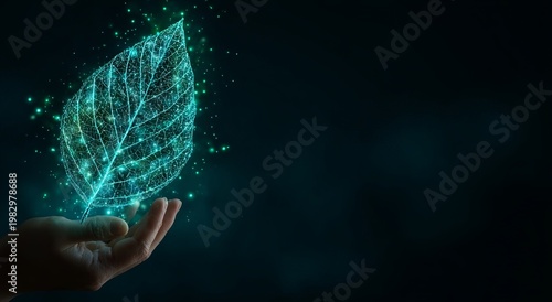 A hand holding a glowing digital leaf symbol, representing green technology and environmental protection, against a dark background.