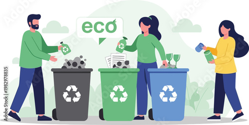 Eco friendly waste sorting concept vector, people recycling garbage in colorful bins, sustainable lifestyle and environmental protection illustration