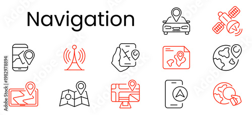 Navigation set icon. Smartphone map, antenna, route plan, document, globe, gps screen, folded map, monitor, compass, satellite, location, tracking, direction, travel, geolocation