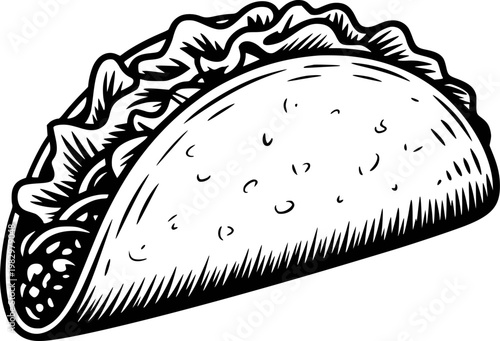 Black and white stylized taco with lettuce and filling, isolated white background