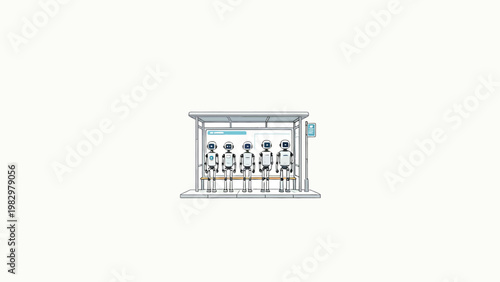 Five identical humanoid robots waiting in a clean minimalist line at an empty modern bus stop against a plain white background, minimalist line art illustration